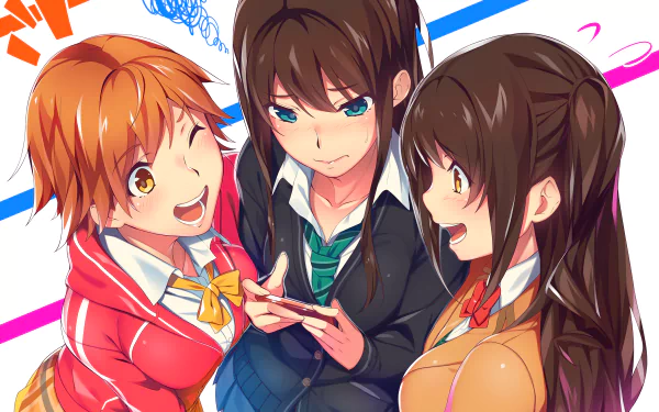 HD anime wallpaper featuring three girls from The iDOLM@STER Cinderella Girls, showcasing vibrant colors and dynamic expressions in a lively desktop background.