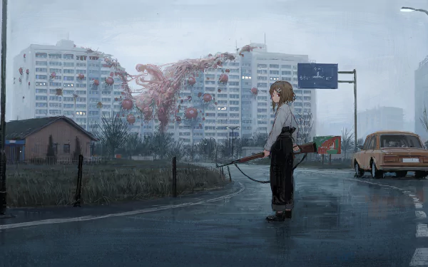 HD desktop wallpaper featuring an anime-style character holding a large weapon, standing on a rainy street as a monstrous creature emerges from a building in the background.