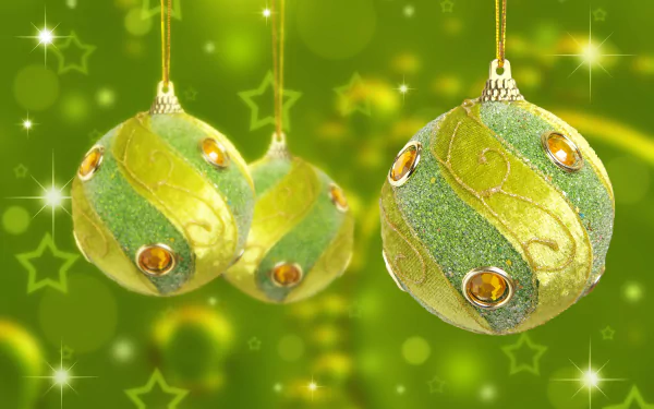8K Ultra HD PC desktop wallpaper: three green, glittering Christmas ornaments with gold gems and swirls on a sparkling, star-studded holiday background.