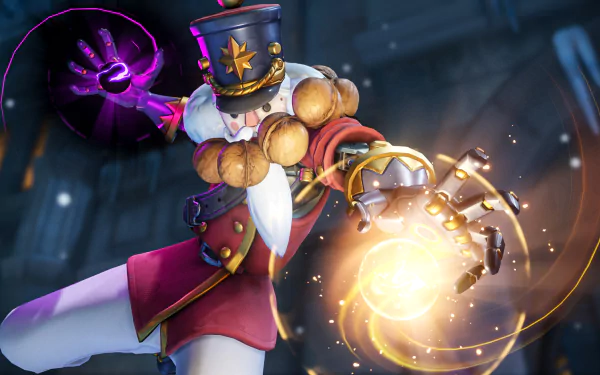 HD desktop wallpaper featuring Zenyatta from the video game Overwatch, depicted in a dynamic pose with glowing orbs, dressed in a festive, nutcracker-inspired outfit.