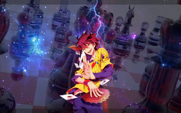 HD desktop wallpaper of No Game No Life anime featuring a vibrant character holding playing cards with a dramatic chess background and lightning effects.