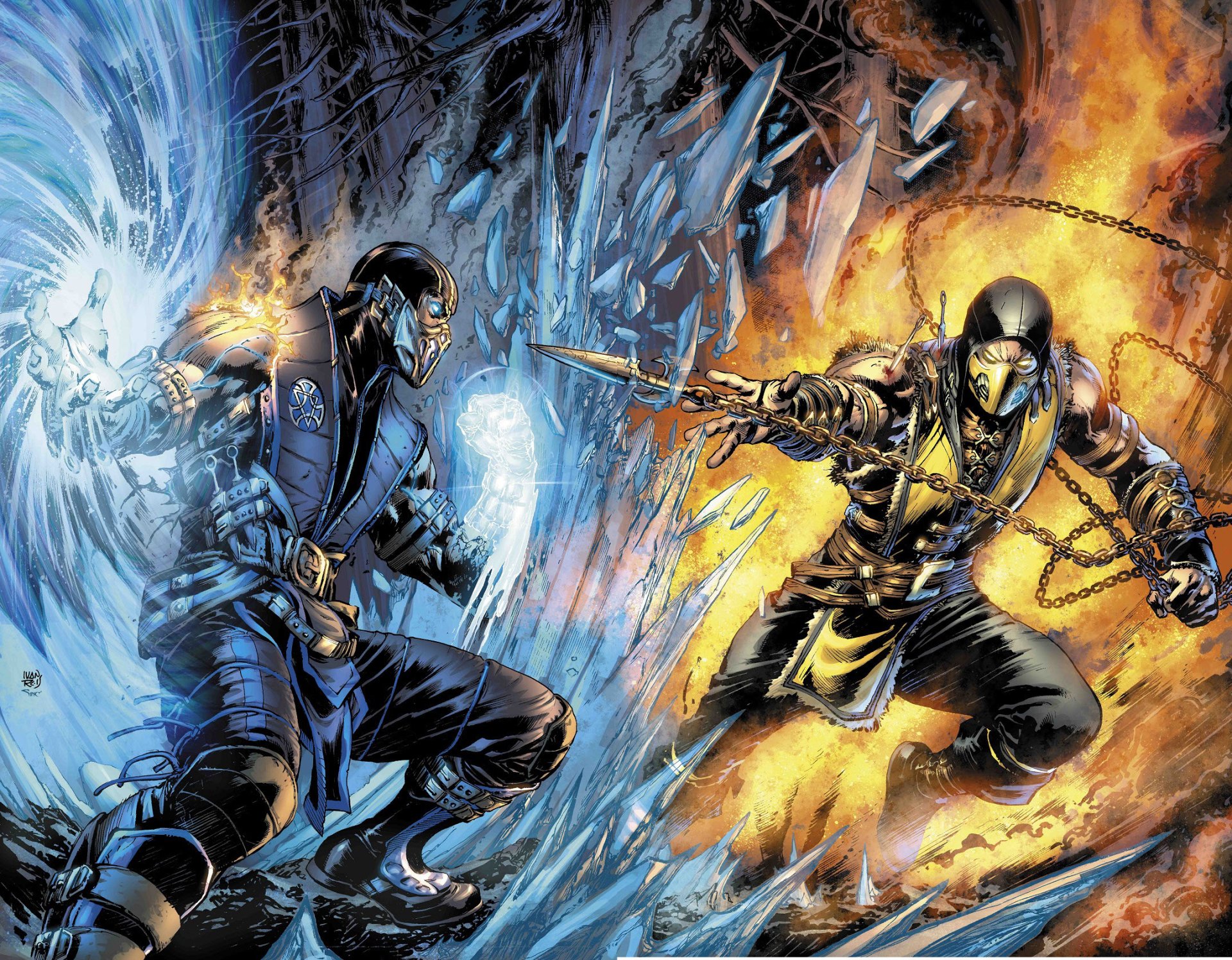 HD desktop wallpaper featuring Scorpion and Sub-Zero from the Mortal Kombat video game, depicted as warriors in an intense action scene with fiery and icy elements.