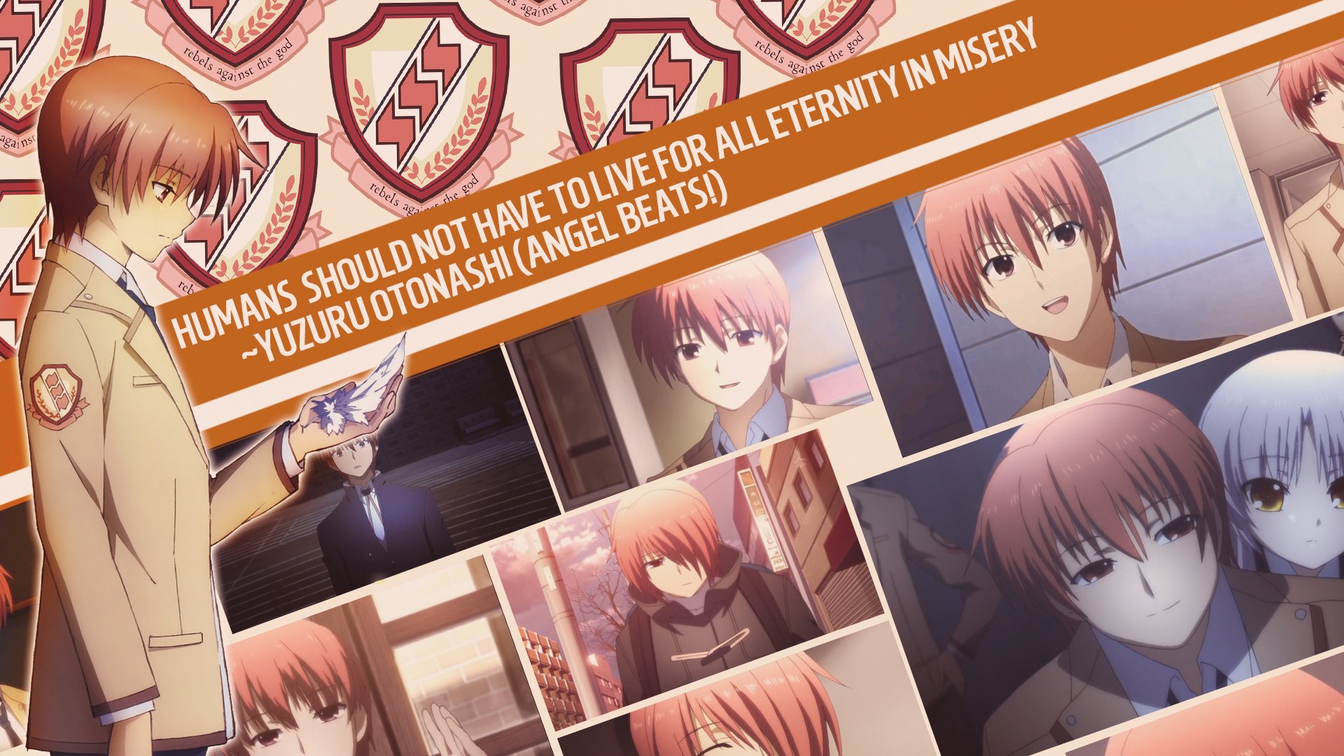 HD anime desktop wallpaper featuring multiple scenes and characters from Angel Beats! with the quote Humans should not have to live for all eternity in misery.
