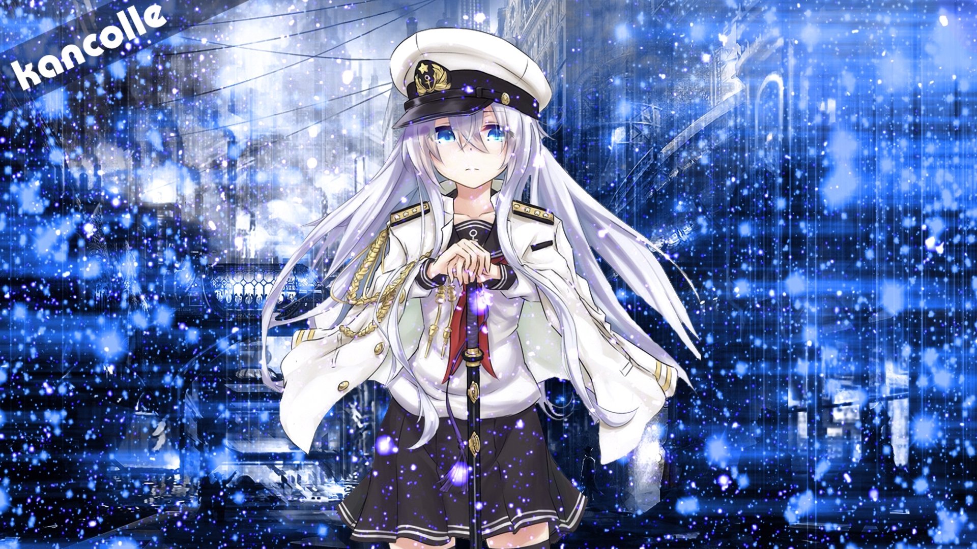 Anime Kantai Collection HD PC desktop wallpaper: silver-haired shipgirl in a captain's uniform holding a sword, standing in a snowy blue urban nightscape.