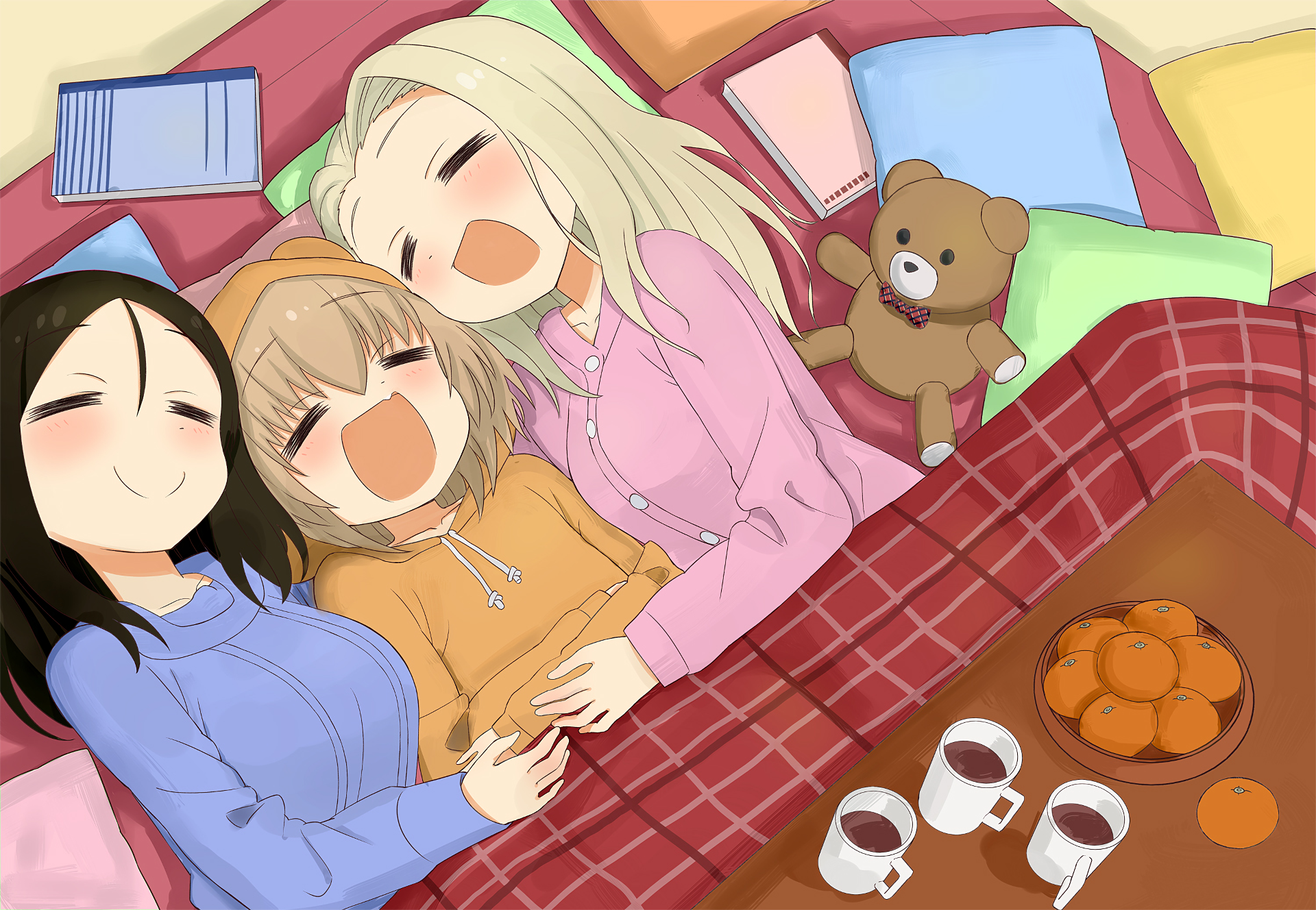 Anime-style Girls und Panzer scene featuring three girls laughing together under a blanket, surrounded by pillows, a teddy bear, and a plate of oranges in this HD PC desktop wallpaper.