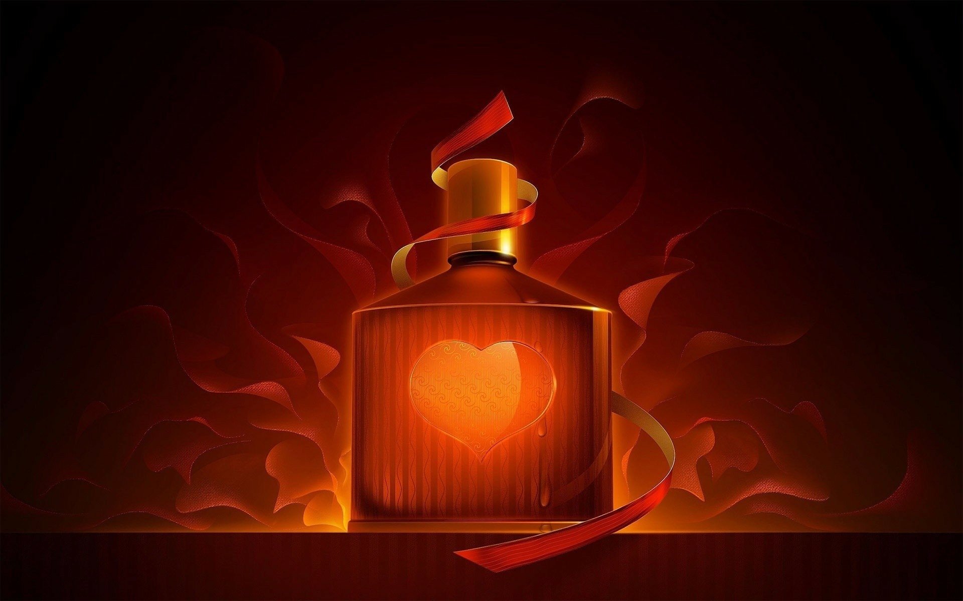 A HD desktop wallpaper featuring an artistic perfume bottle with a heart on it, enveloped in flames, symbolizing love and passion.