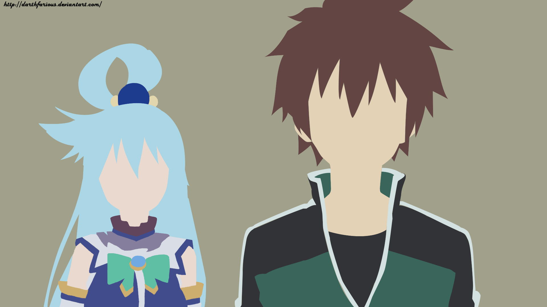 Minimalist HD anime wallpaper featuring faceless Kazuma Satou and Aqua from KonoSuba - God’s Blessing on This Wonderful World!! as a PC desktop background.