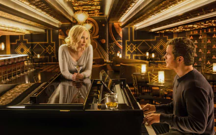 4K Ultra HD wallpaper featuring Chris Pratt and Jennifer Lawrence from the movie Passengers, set in a stylish, dimly lit lounge with a grand piano.