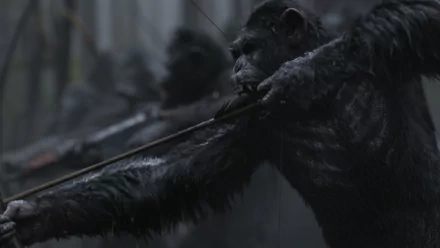 HD desktop wallpaper from the movie War For The Planet Of The Apes, featuring a tense scene of apes readying their bow and arrows in a dark, foreboding environment.