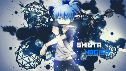 HD wallpaper featuring Shiota Nagisa from Anime Assassination Classroom in front of a dark, abstract background with geometric shapes.