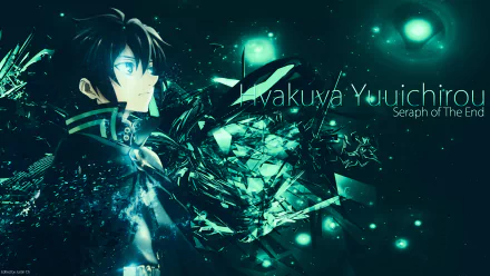 HD desktop wallpaper featuring an anime character from Seraph of the End with a vibrant, futuristic background. Text reads Hyakuya Yuichiro.
