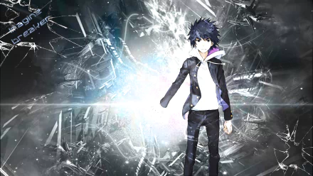 HD PC desktop wallpaper featuring Kamijou Touma from the anime A Certain Magical Index against a dynamic, shattered glass effect background.