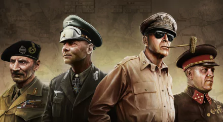 HD wallpaper of Hearts of Iron IV featuring stylized military leaders against a map background.