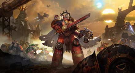 HD Warhammer 40,000: Eternal Crusade wallpaper featuring a space marine in battle-ready stance with a gun on a war-torn battlefield.
