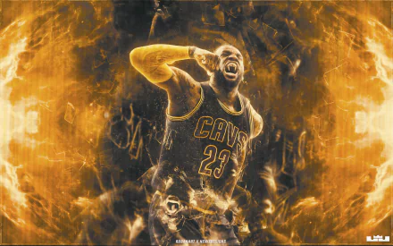 HD desktop wallpaper featuring an intense, dynamic basketball theme with a player in action, set against a fiery golden backdrop.