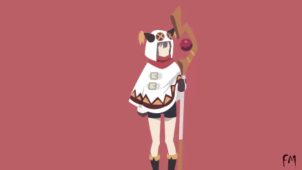 HD PC desktop wallpaper featuring Megumin from the anime KonoSuba - God’s blessing on this wonderful world!! in her signature outfit and staff on a solid pink background.