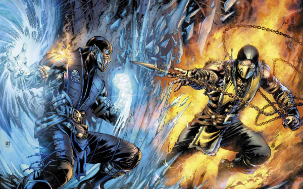 HD desktop wallpaper featuring Scorpion and Sub-Zero from the Mortal Kombat video game, depicted as warriors in an intense action scene with fiery and icy elements.