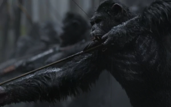 HD desktop wallpaper from the movie War For The Planet Of The Apes, featuring a tense scene of apes readying their bow and arrows in a dark, foreboding environment.