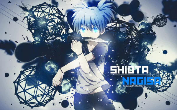 HD wallpaper featuring Shiota Nagisa from Anime Assassination Classroom in front of a dark, abstract background with geometric shapes.