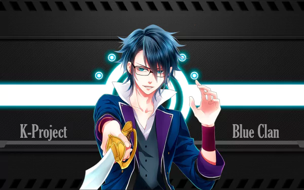 Anime HD PC desktop wallpaper and background of a K-Project Blue Clan character: blue‑haired, glasses, pointing a sword with cyan glowing accents against a dark striped backdrop.