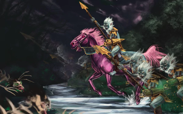 HD desktop wallpaper featuring Phantom Lancer from Dota 2 riding a fierce pink horse, poised for battle against shadowy foes in a dark, mystical setting.