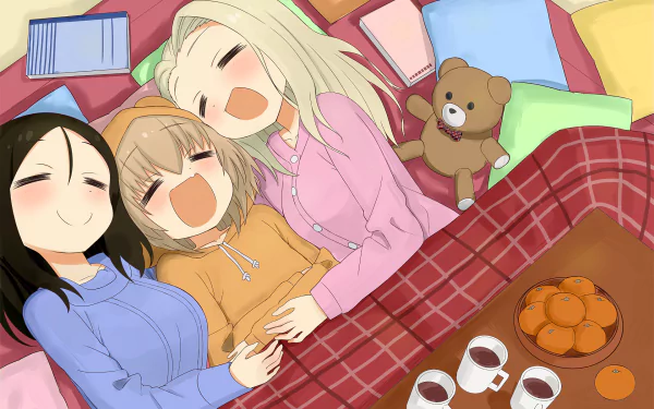 Anime-style Girls und Panzer scene featuring three girls laughing together under a blanket, surrounded by pillows, a teddy bear, and a plate of oranges in this HD PC desktop wallpaper.