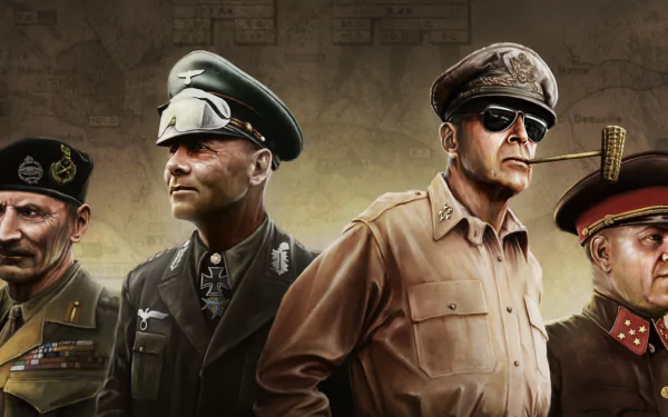 HD wallpaper of Hearts of Iron IV featuring stylized military leaders against a map background.