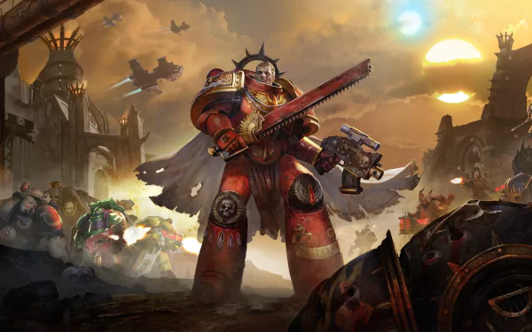 HD Warhammer 40,000: Eternal Crusade wallpaper featuring a space marine in battle-ready stance with a gun on a war-torn battlefield.