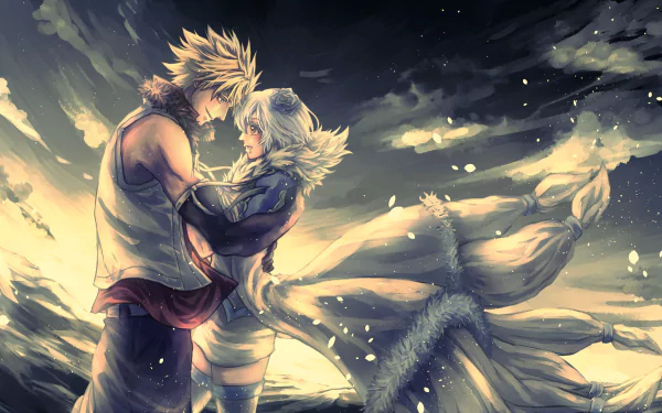 HD desktop wallpaper featuring Sting Eucliffe and Yukino Aguria from the anime Fairy Tail, standing closely together in a dramatic, wind-swept setting, with vibrant and dynamic lighting effects.