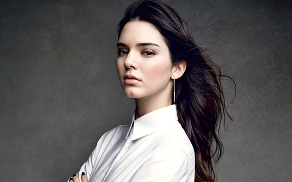 A high-definition desktop wallpaper featuring Kendall Jenner, showcasing her stylish appearance with long, flowing hair and a confident pose against a textured background.