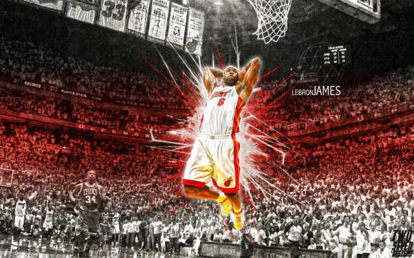 HD wallpaper featuring an artistic depiction of LeBron James mid-game slam dunk in front of an excited crowd.