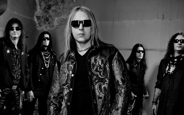 Black-and-white HD desktop wallpaper of the heavy metal/power metal band Helloween. The band members are standing in a cool, confident pose, all wearing dark clothing and sunglasses.