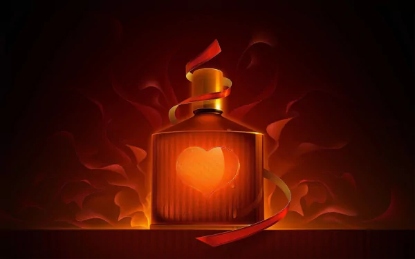 A HD desktop wallpaper featuring an artistic perfume bottle with a heart on it, enveloped in flames, symbolizing love and passion.
