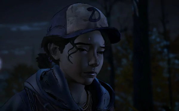 HD desktop wallpaper featuring Clementine from the video game The Walking Dead: A New Frontier, set against a dark, moody night backdrop.