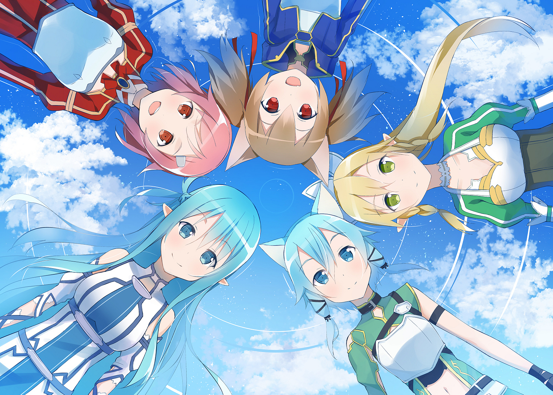 asuna, kirito, silica, lisbeth, pina, and 2 more (sword art online