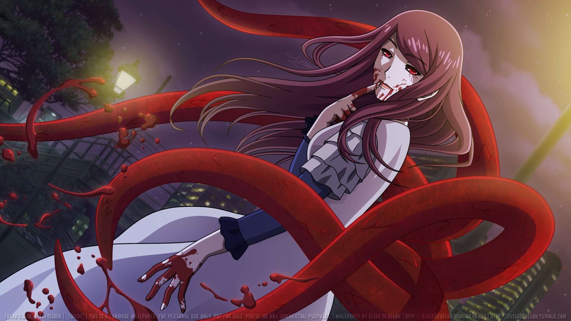 Anime illustration of Rize Kamishiro from Tokyo Ghoul with long purple hair, red eyes, and a white dress, covered in blood, wielding her Kagune, set against a night backdrop.