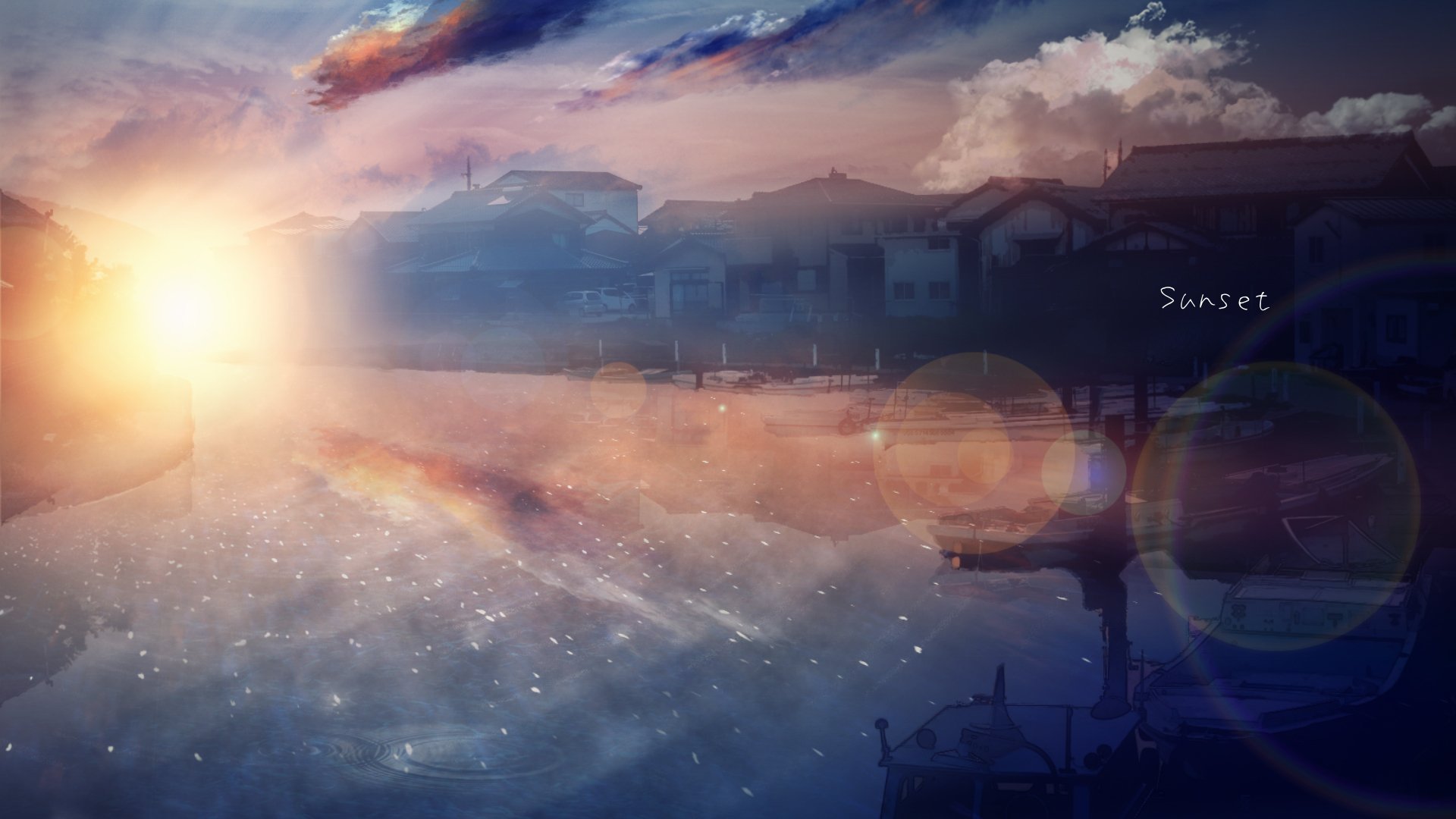 A stunning HD desktop wallpaper featuring an original anime-style sunset over a serene waterfront. Glimmering water and soft clouds enhance the tranquil atmosphere.