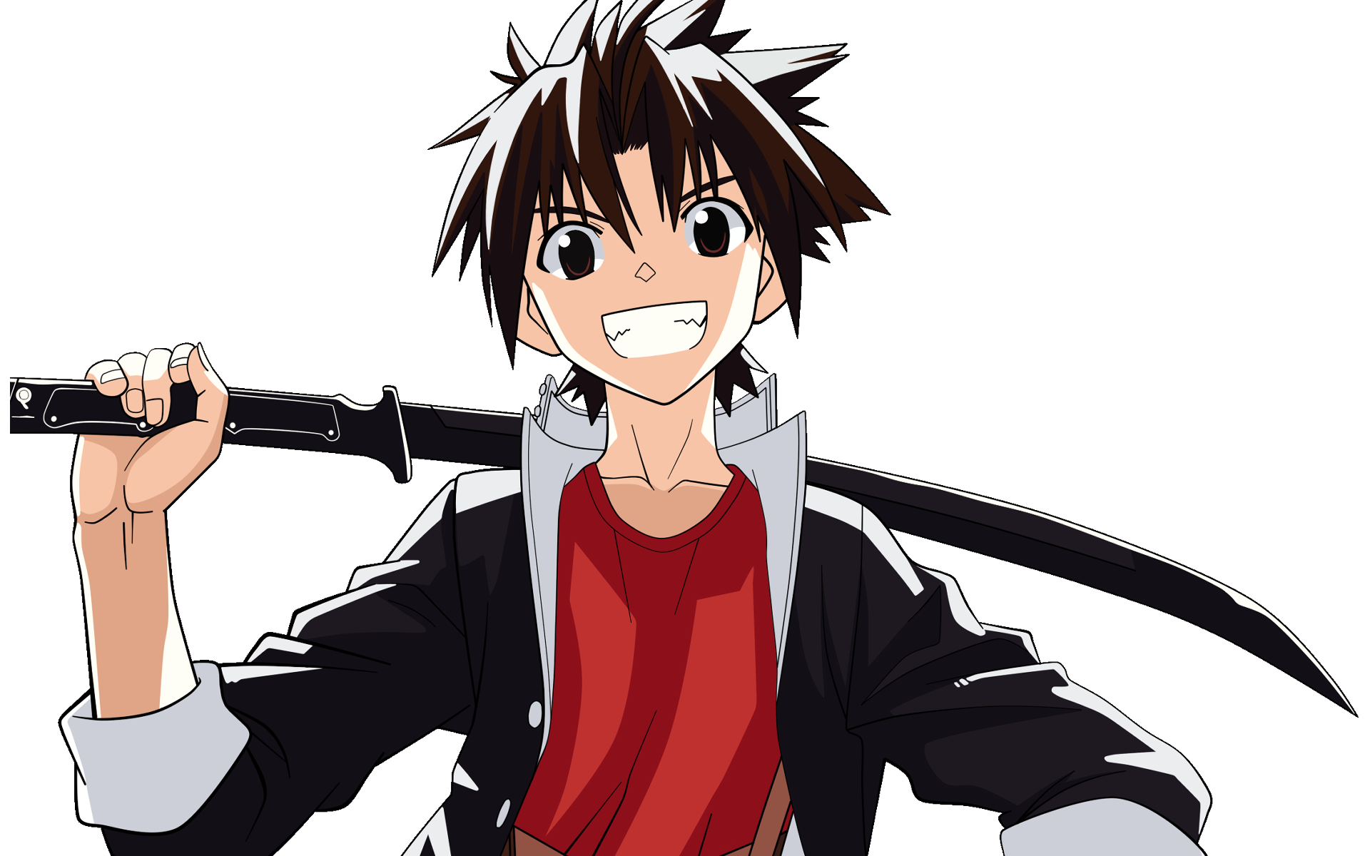 Anime character from UQ Holder! holding a sword, smiling confidently against a plain white background. HD PC desktop wallpaper and background.