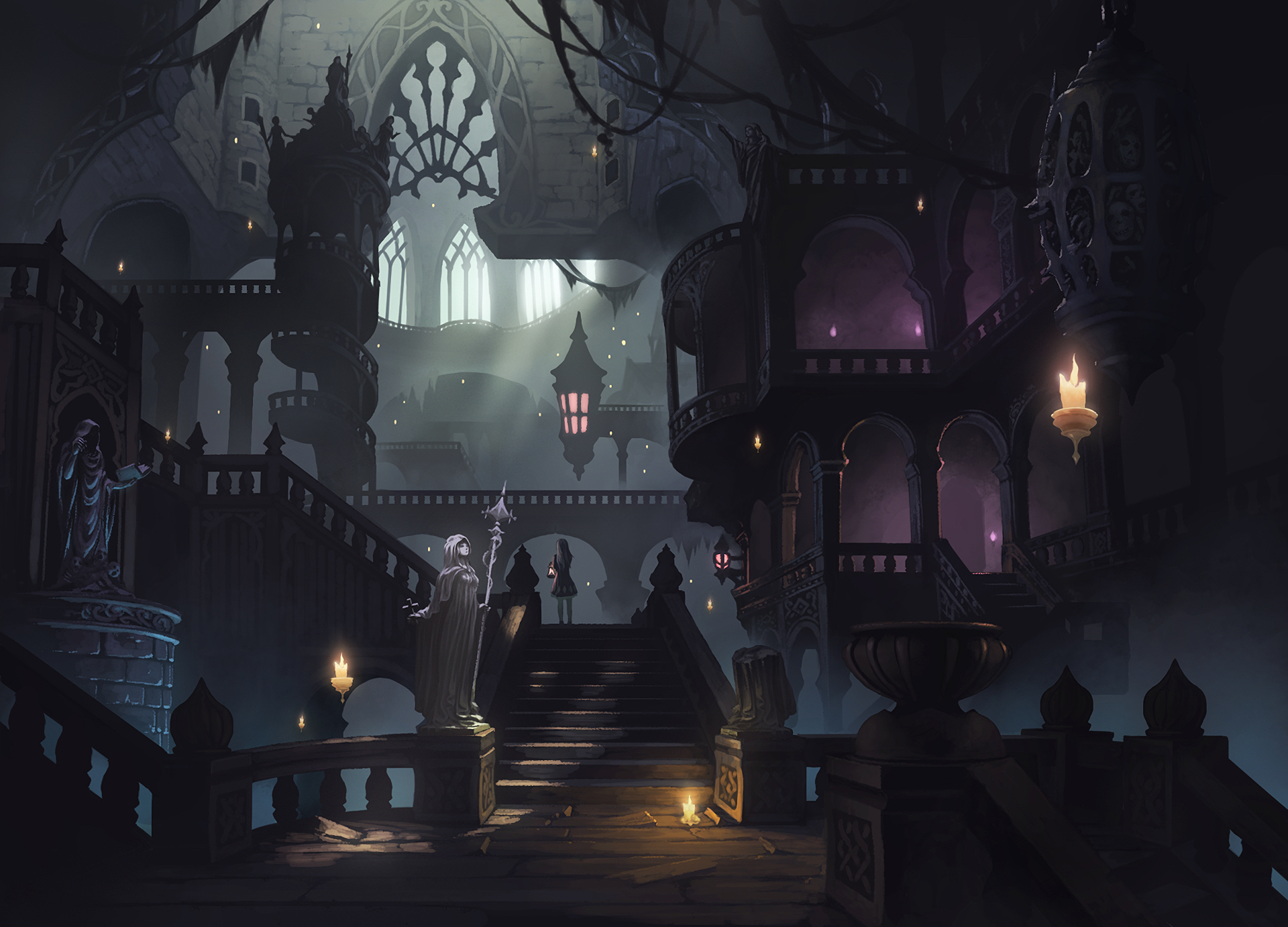 A beautifully detailed anime-style HD wallpaper featuring a gothic, mysterious mansion with intricate staircases, warm lanterns, and an eerie ambiance.