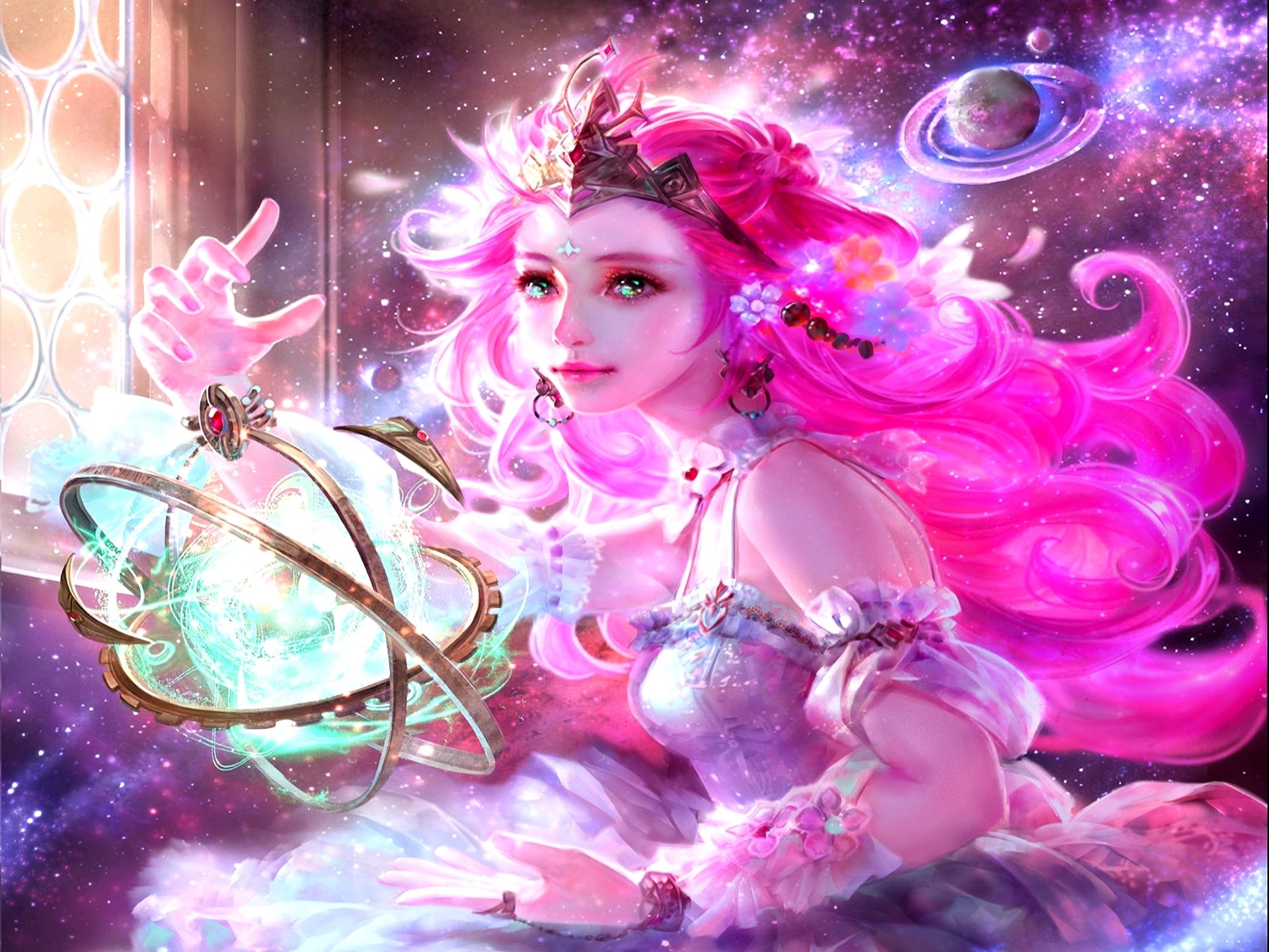 A fantasy HD desktop wallpaper of a woman with flowing pink hair and a crown, set against a vibrant cosmic space background filled with stars and planets.