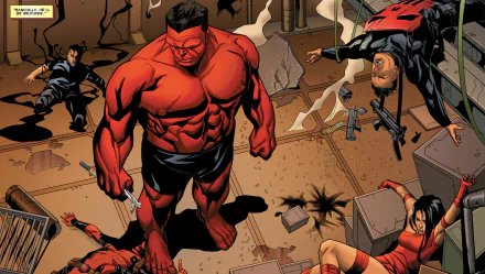 HD comic-style wallpaper featuring Marvel’s Red Hulk at the center, surrounded by Agent Venom, Deadpool, Punisher, and Elektra from the Thunderbolts team.