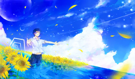 Anime original HD PC desktop wallpaper: a young man stands in a sunflower field beneath a vivid blue sky with moons, billowing clouds and drifting yellow petals.