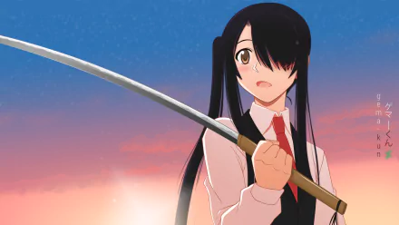 4K Ultra HD anime wallpaper from UQ Holder! featuring a character with long black hair holding a katana against a vibrant sunset sky background.