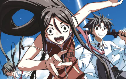 Anime — UQ Holder! HD PC desktop wallpaper/background: grinning long-haired girl lunges forward, smiling schoolboy and another classmate behind her under a bright blue sky.