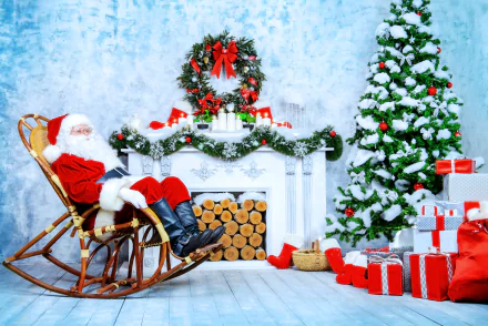 Santa Claus relaxes in a rocking chair by a decorated Christmas tree and festive fireplace, captured in vibrant 4K Ultra HD holiday wallpaper.