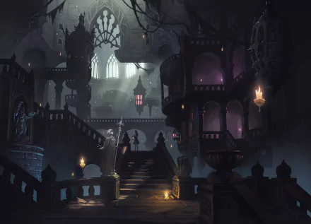 A beautifully detailed anime-style HD wallpaper featuring a gothic, mysterious mansion with intricate staircases, warm lanterns, and an eerie ambiance.