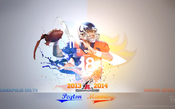 HD desktop wallpaper featuring a dynamic illustration of Peyton Manning in action with a football, commemorating his time with the Colts and Broncos.