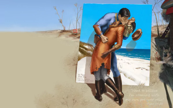 4K Ultra HD Fallout 4 wallpaper featuring Sole Survivor embracing Piper Wright on a beach, capturing a heartfelt moment from the video game.