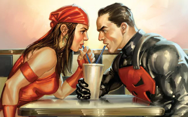 HD PC desktop wallpaper: Elektra and Punisher (Thunderbolts) in comic-style art, leaning across a diner booth sharing a milkshake, intense eye contact.