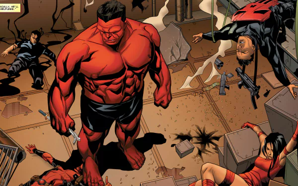 HD comic-style wallpaper featuring Marvel’s Red Hulk at the center, surrounded by Agent Venom, Deadpool, Punisher, and Elektra from the Thunderbolts team.